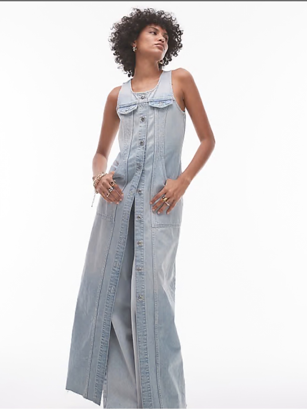 Topshop Light Wash Denim Button-Front Maxi Dress
